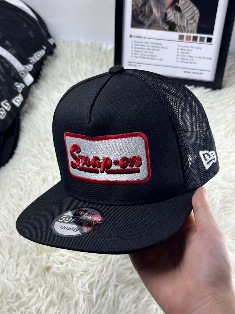 Snap on Embroidered Snapback Hat Black Trucker Cap Vintage Racing Style Baseba